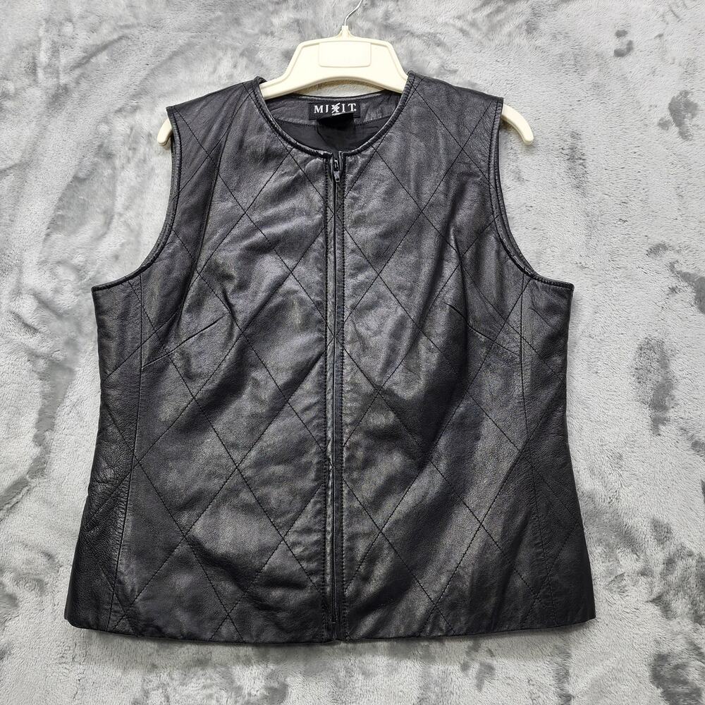 Vintage 90s Mixit Vest Womens 10 Black Leather Quilted Full Zip Sleeveless Moto
